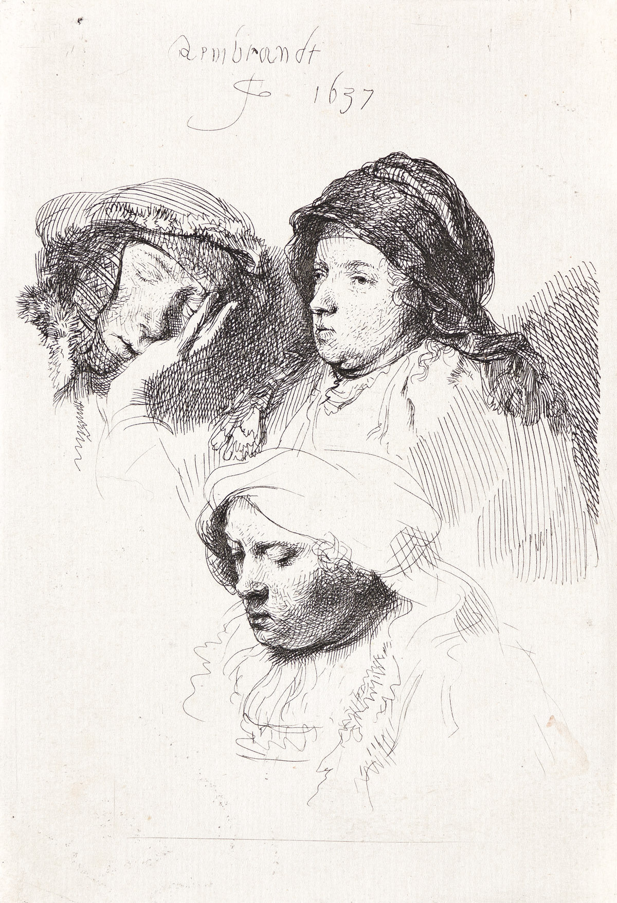REMBRANDT VAN RIJN Three Heads of Women: One Asleep.